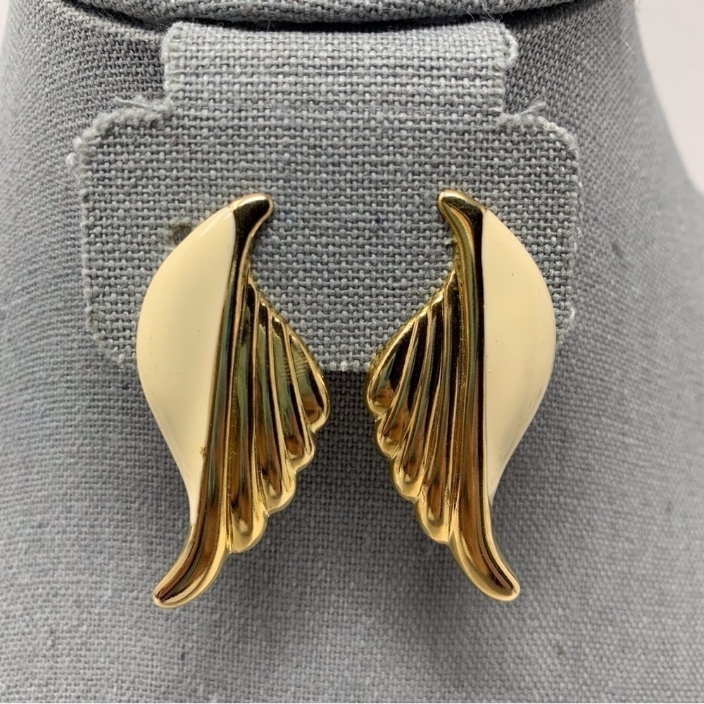 Gold Tone and White Cream Angel Wing Clip On Earrings